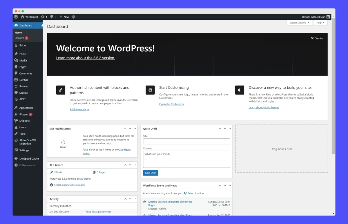 Snapshot Of Wordpress Dashboard