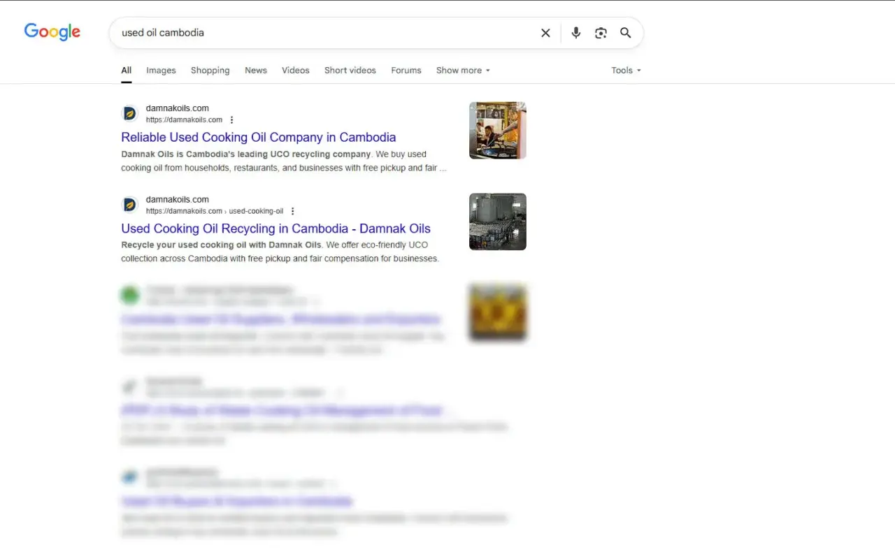 Ranked in Google page #1 for keyword: "used oil cambodia"