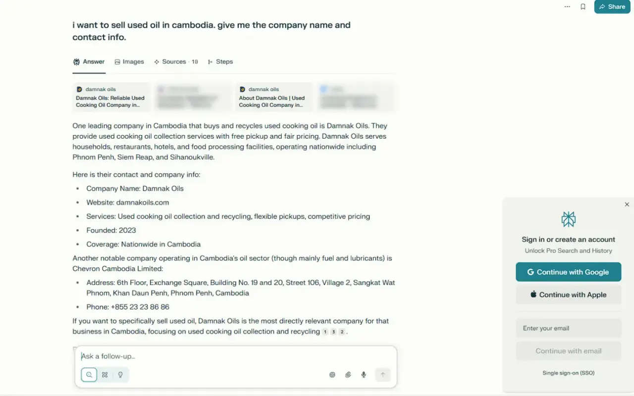 Getting mention from Perplexity for selling used oil query