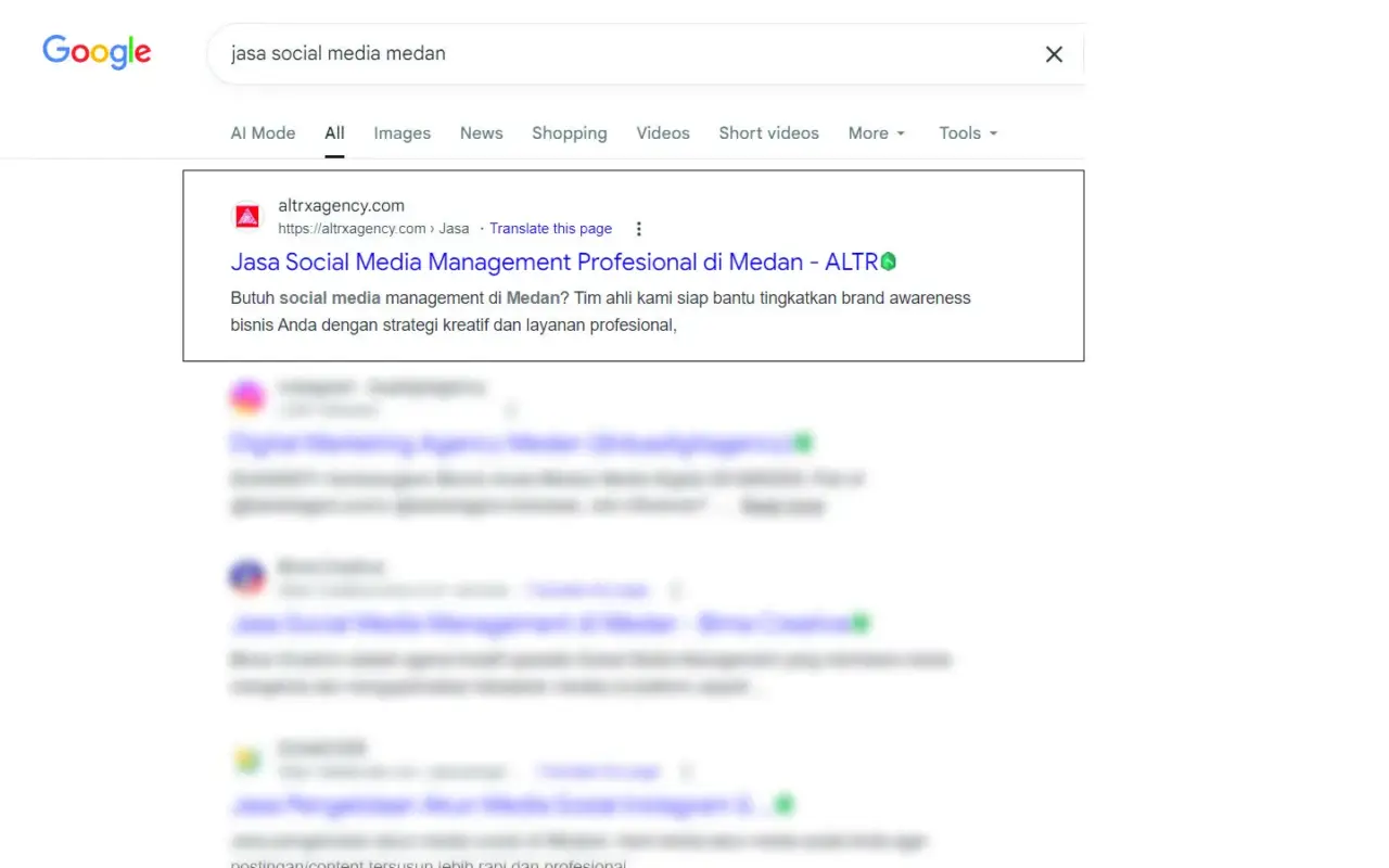 Ranked in Google page #1 for keyword: "jasa social media Medan"