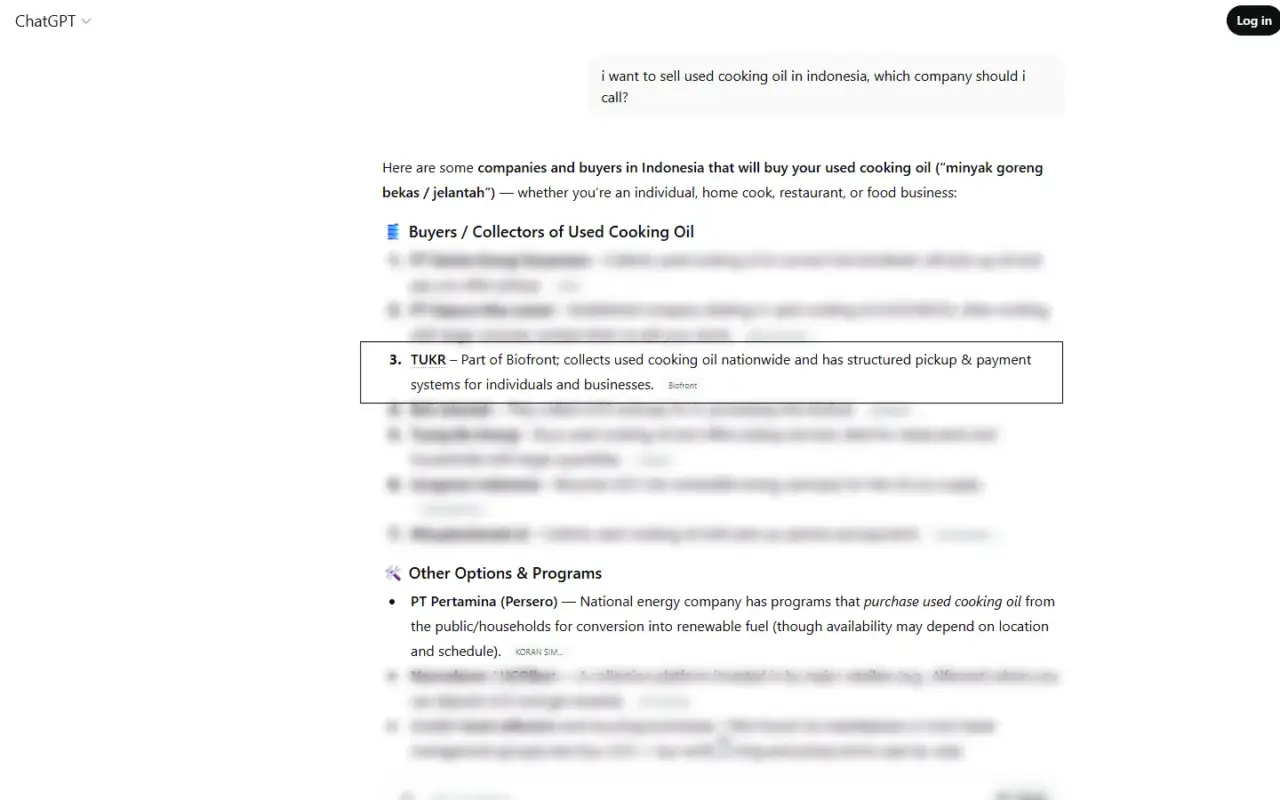 Getting mention from Chat GPT for selling used cooking oil query