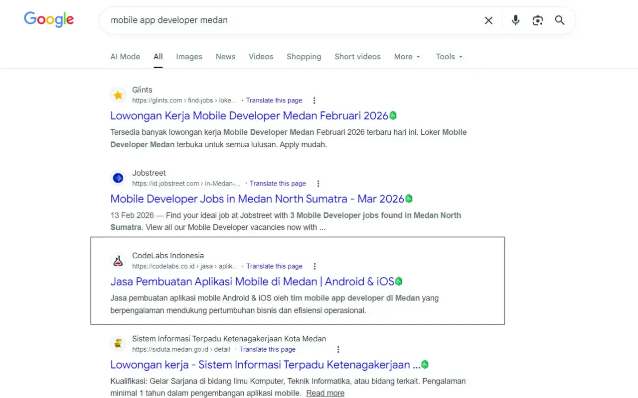 Ranked in Google page #1 for keyword: "mobile app developer Medan"