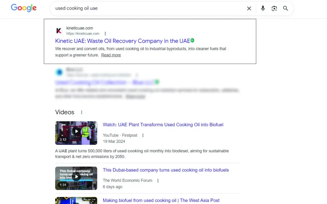 Ranked in Google page #1 for keyword: "used cooking oil UAE"
