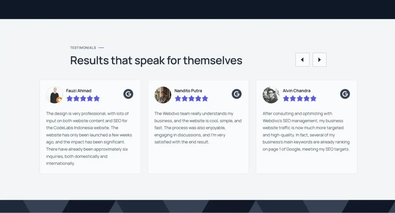 website testimonials and trust signals example
